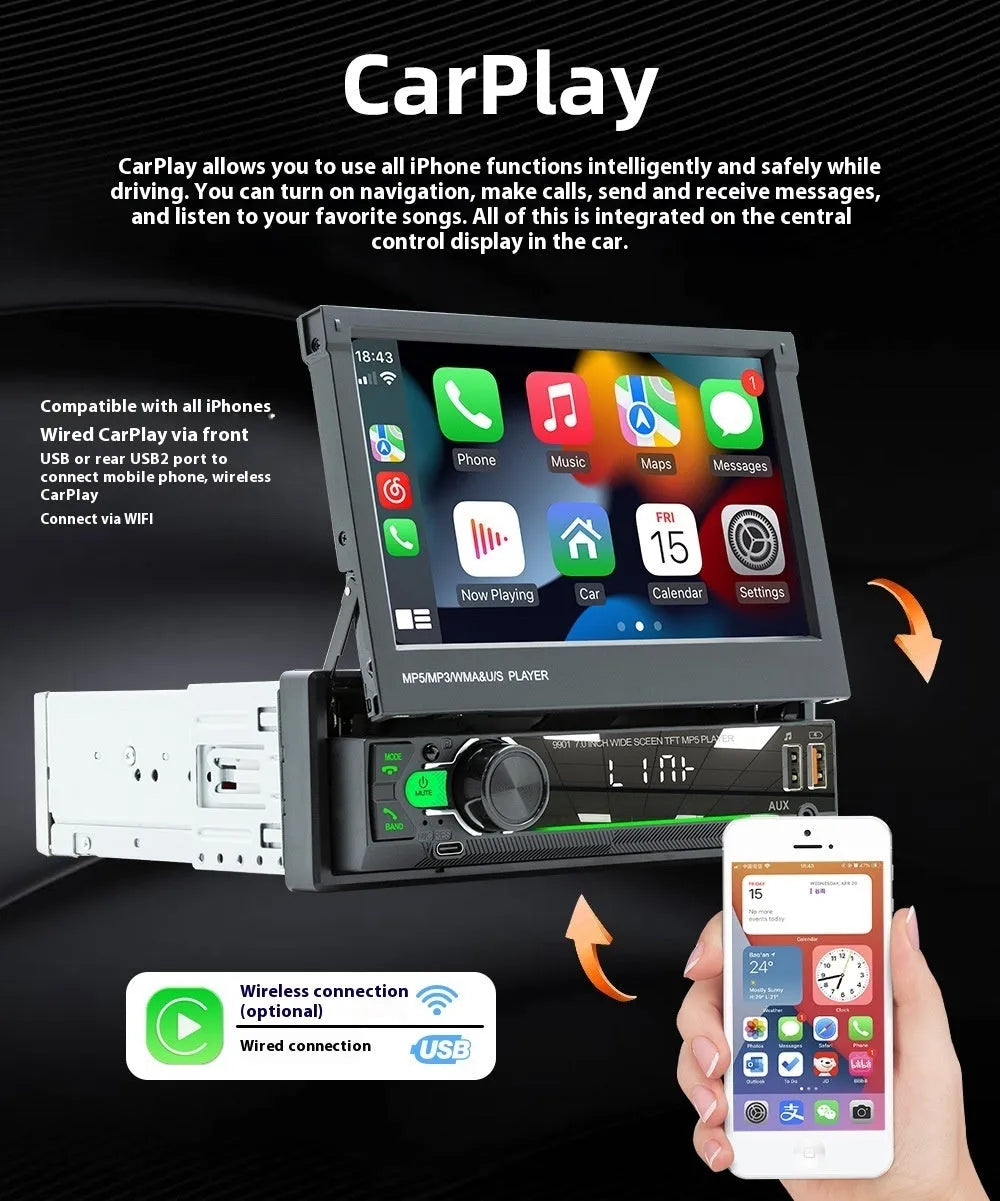 7-inch telescopic screen vehicle-borne Bluetooth player with CarPlay and Android car support, plastic and hardware build