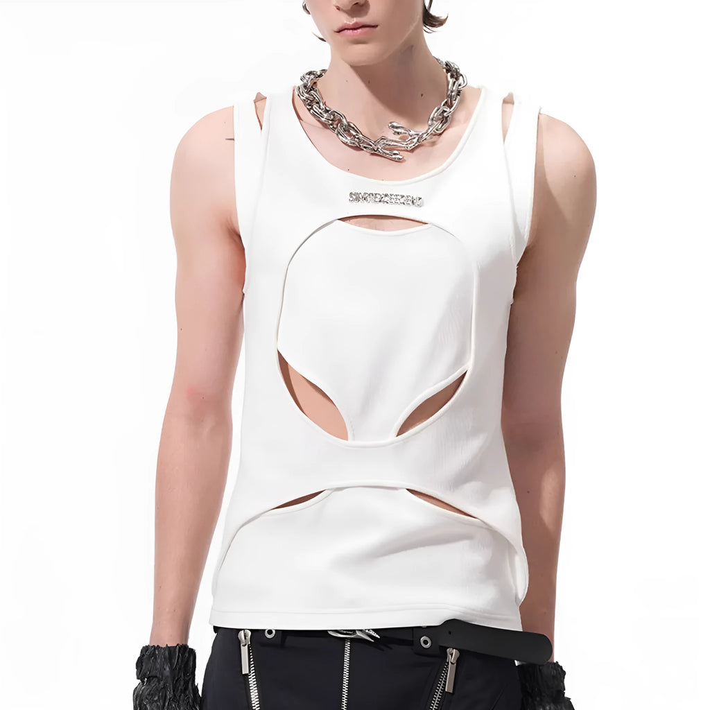 Men's loose sleeveless waistcoat in black, showing round neck and pullover design.