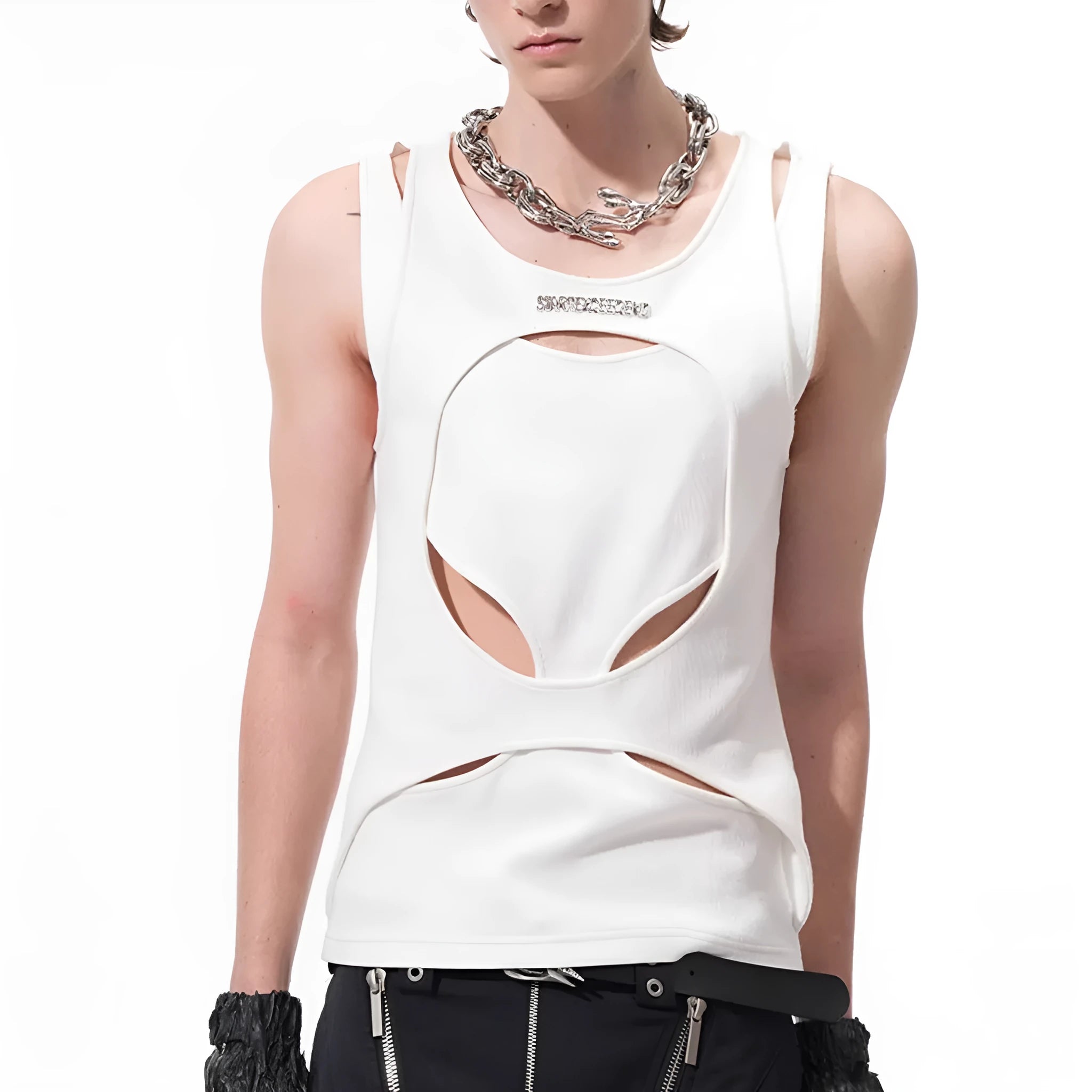 Men's loose sleeveless waistcoat in black, showing round neck and pullover design.