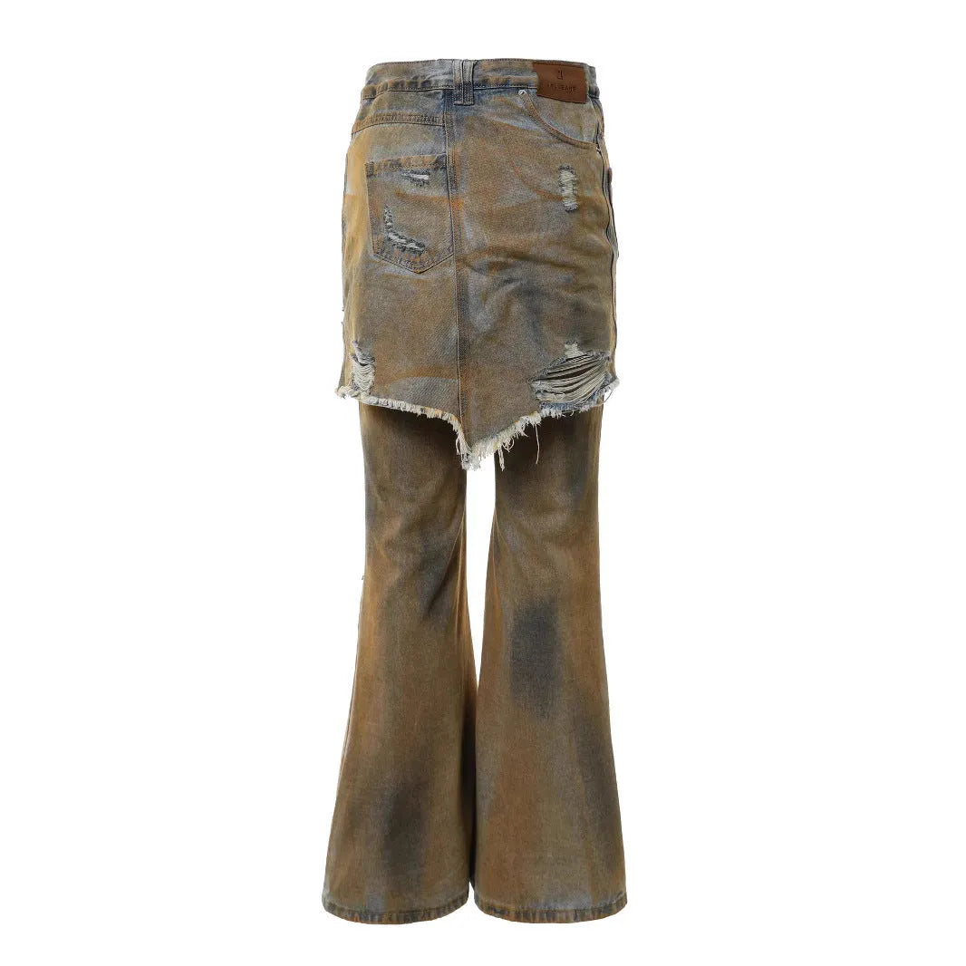 American street style loose hole bootcut pants in picture colour with high waist design