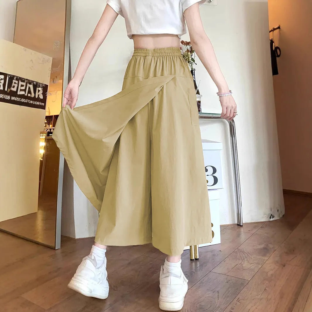 Camel coloured women's wide leg skirt with elastic waist and drape styling