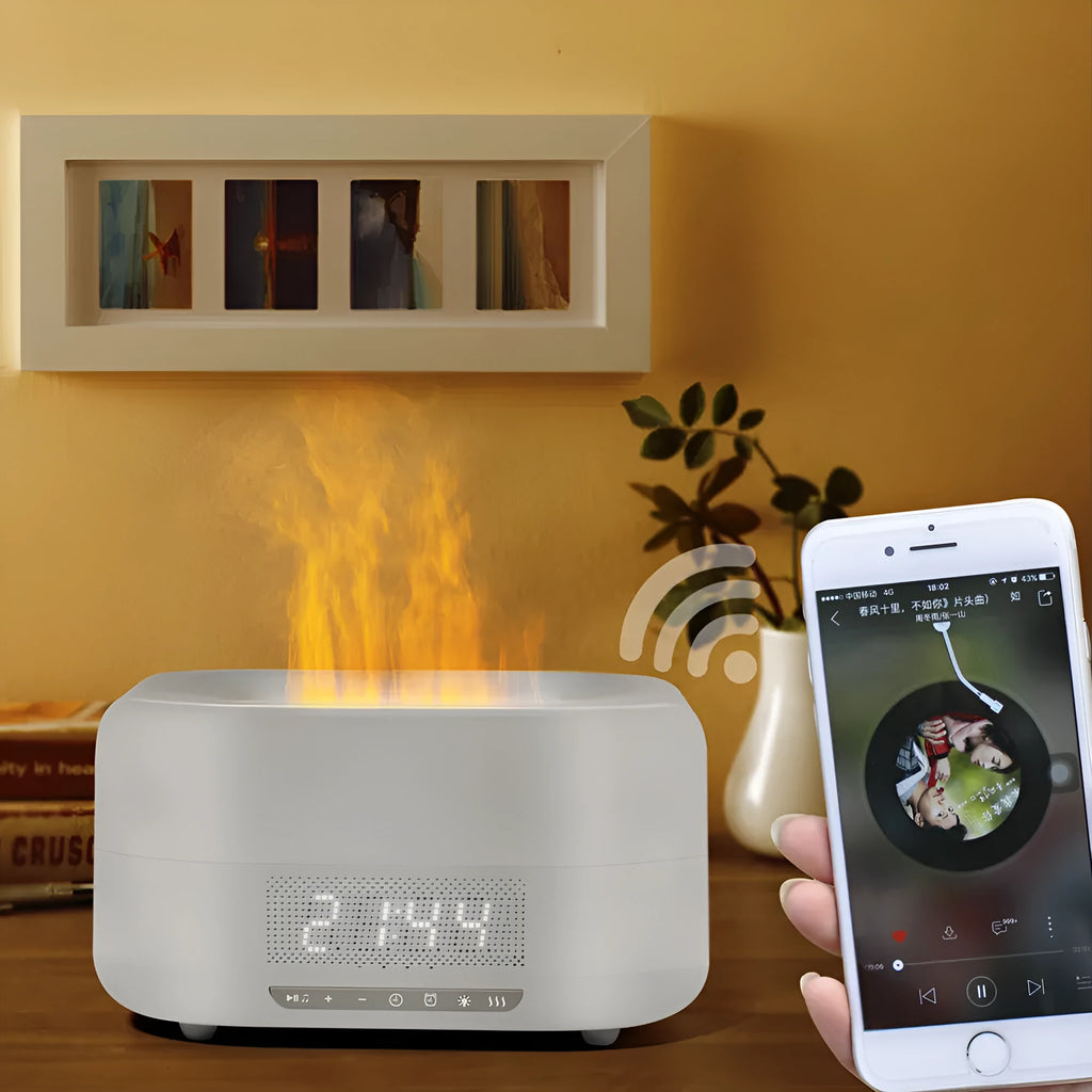 Square firelight speaker and humidifier with 4-6L tank, USB power, remote control, in white