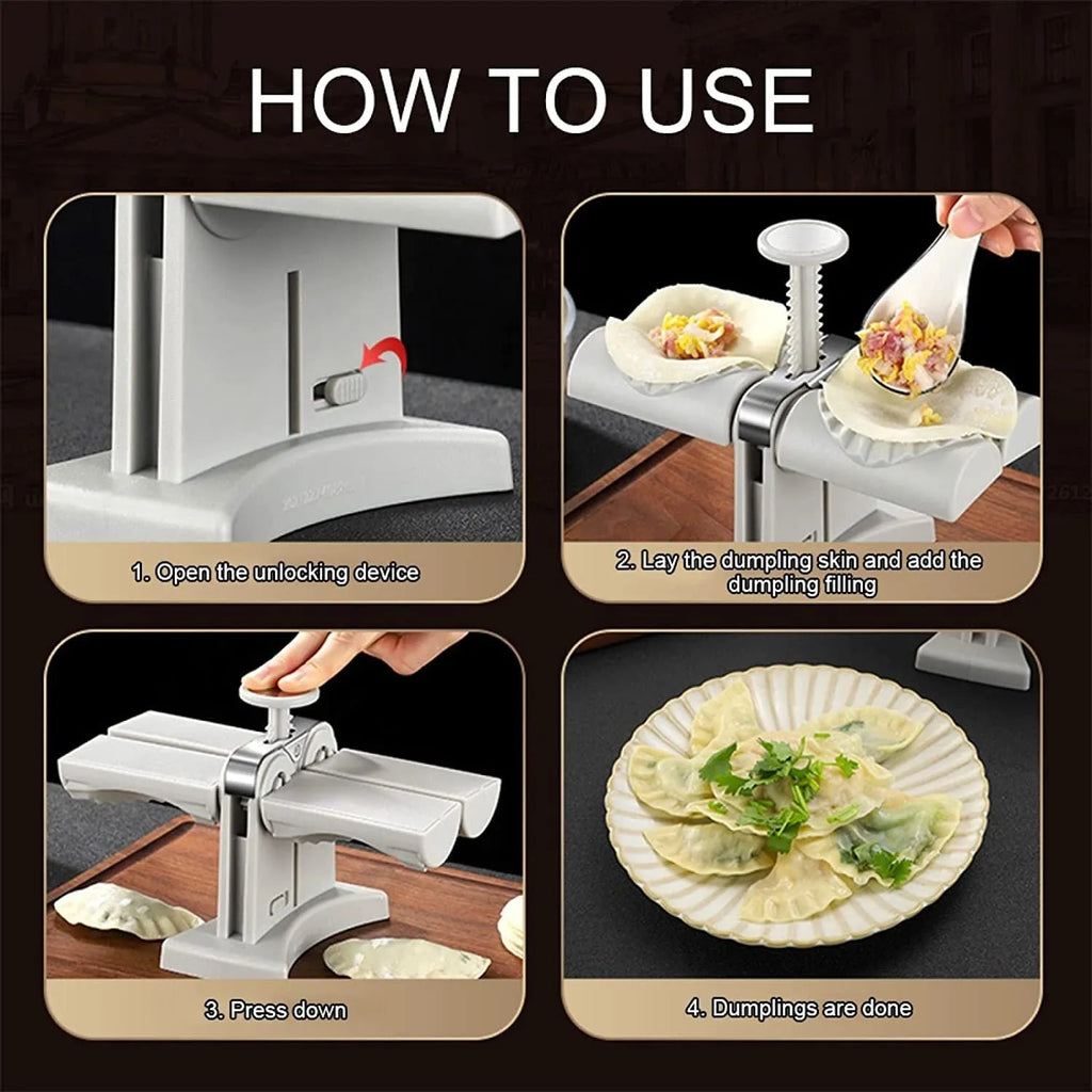 White double head manual dumpling press mould with anti-slip rubber base on kitchen counter.