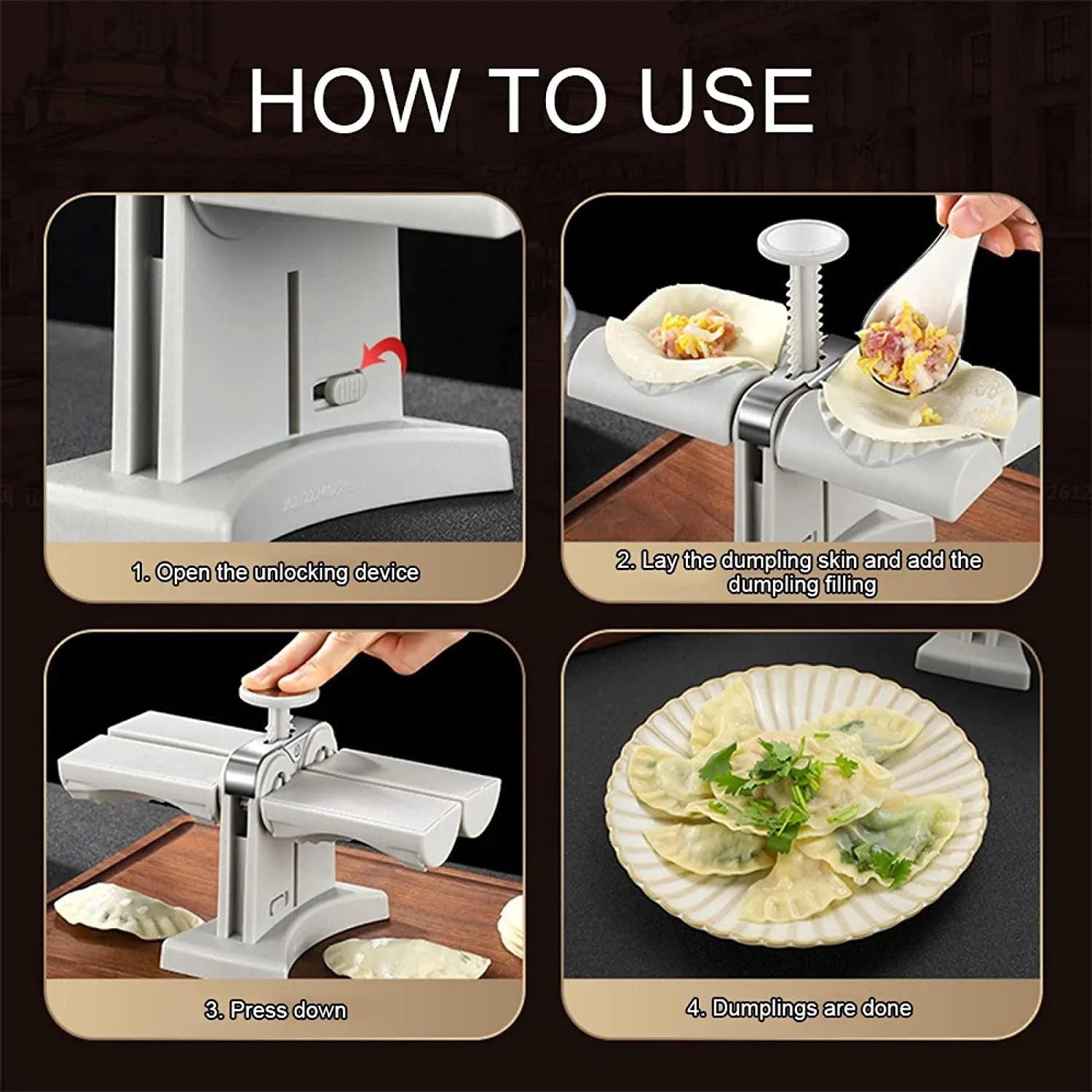 White double head manual dumpling press mould with anti-slip rubber base on kitchen counter.