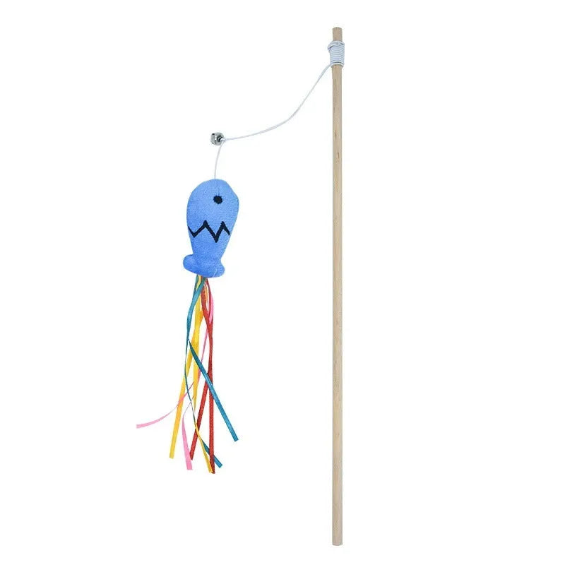Blue handled cat teaser wand with colourful ribbons, a bell, and a catnip fish dangling from an elastic rope