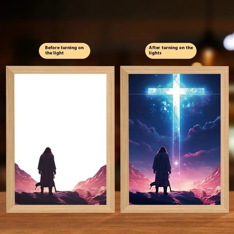 Jesus LED light painting with acrylic panel and wooden frame, three-colour backlight, home decoration