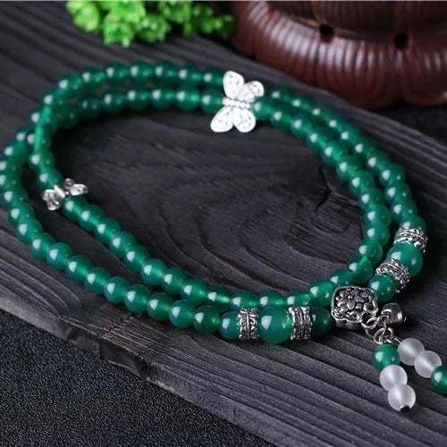 Green agate multi-layer bracelet with three circles of 6mm beads