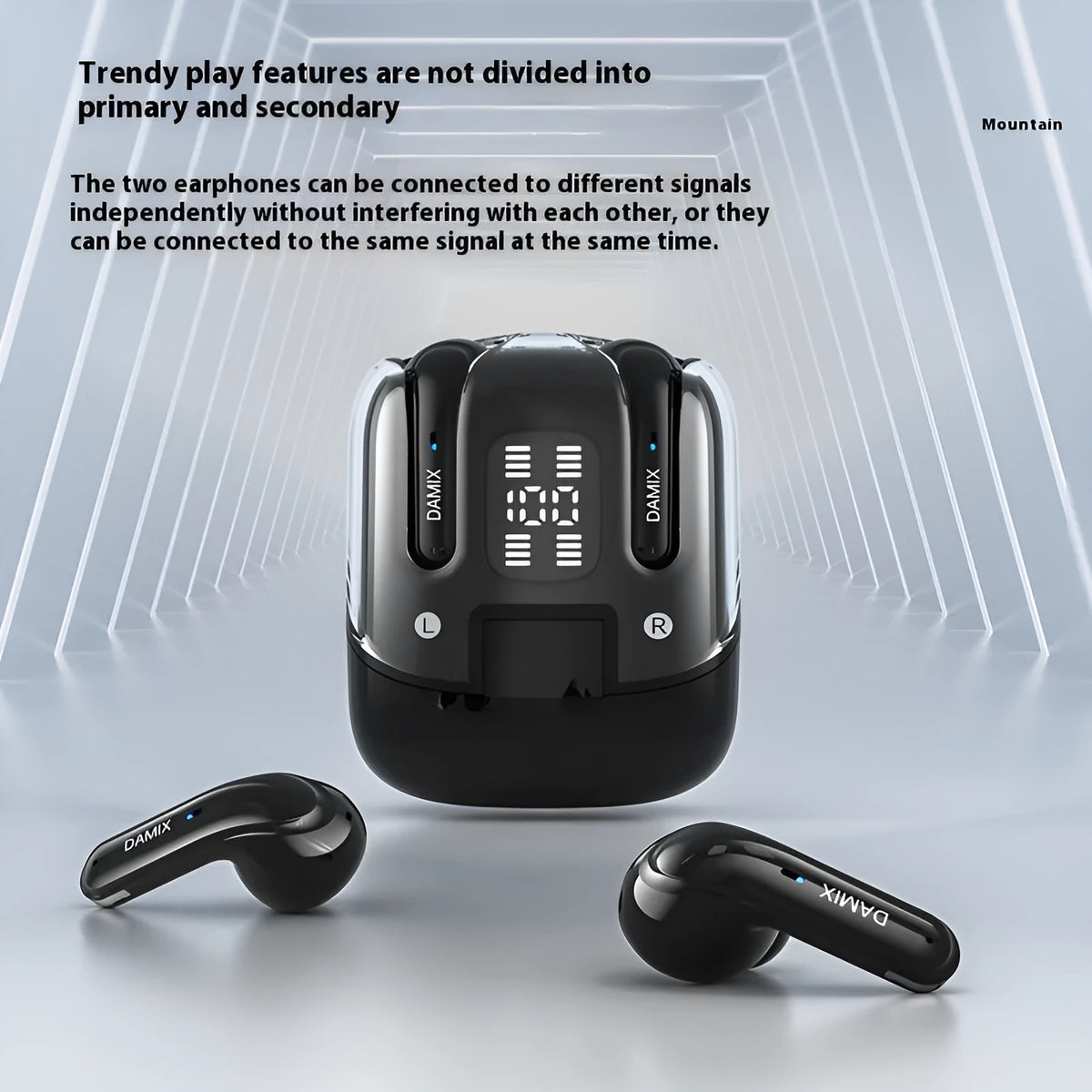 DX16 Couple Bluetooth Headset wireless earbuds in Black with digital display and in-ear design