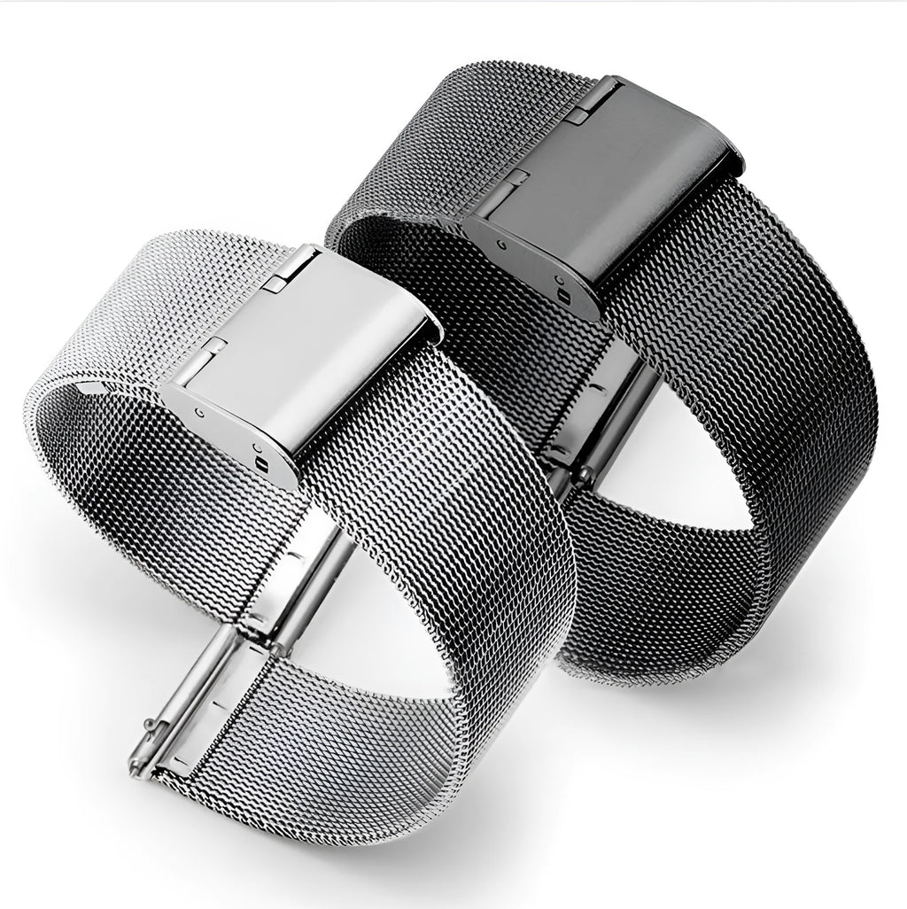 Milani woven stainless steel watch band in silver colour showing clasp and textured metal weave