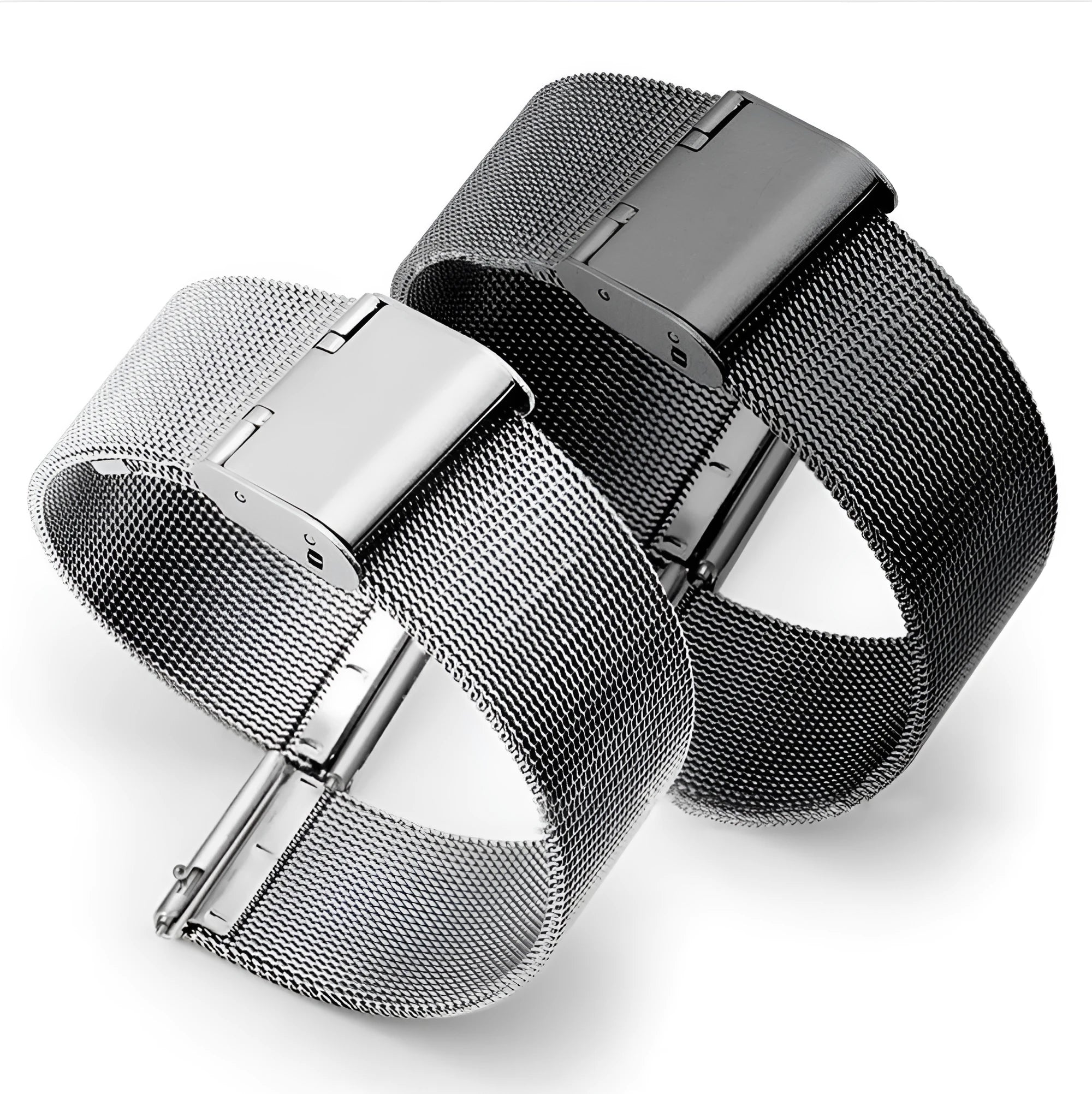 Milani woven stainless steel watch band in silver colour showing clasp and textured metal weave