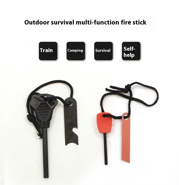 Black outdoor multifunctional flint with magnesium rod, stainless steel scraper, and survival whistle.