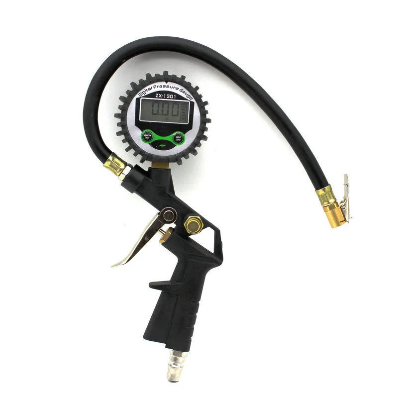 Black digital tyre pressure gauge with HD display and gun handle on white background