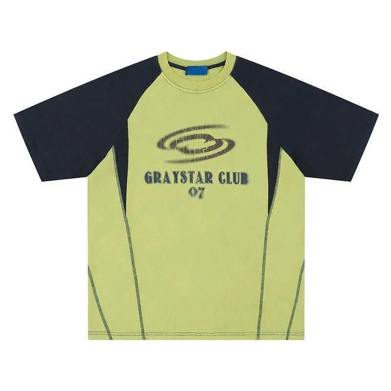 Men's blue hip hop letter print t-shirt with raglan sleeves on a hanger