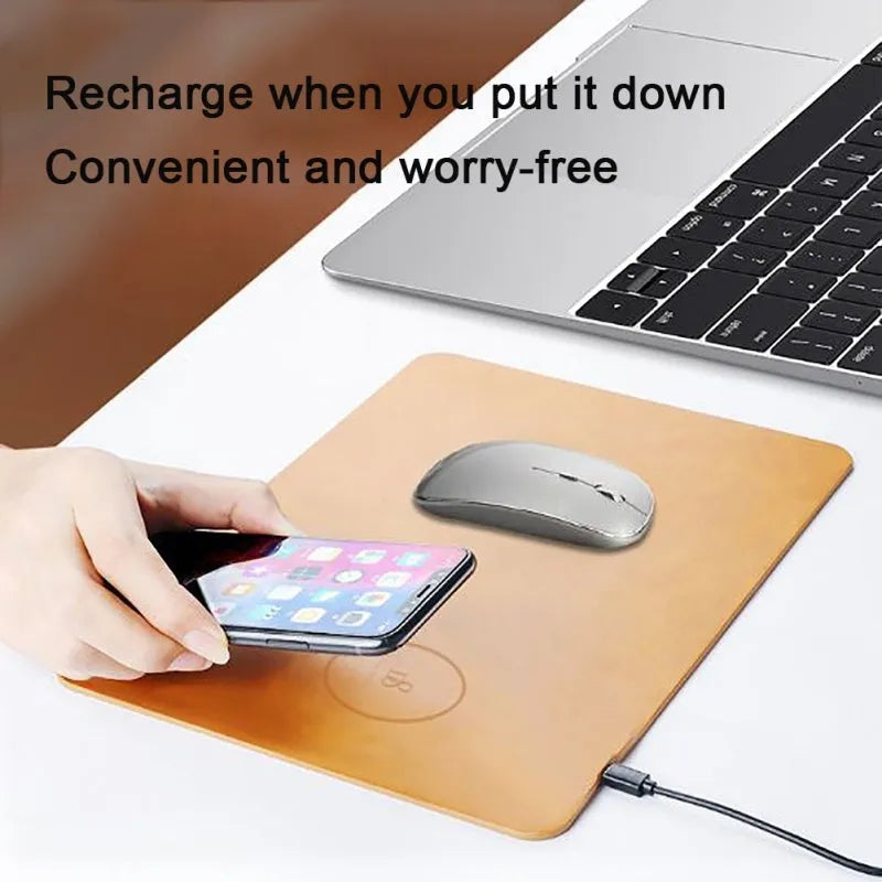 Brown leather-textured wireless charging mouse pad with Micro USB port for fast Qi charging.