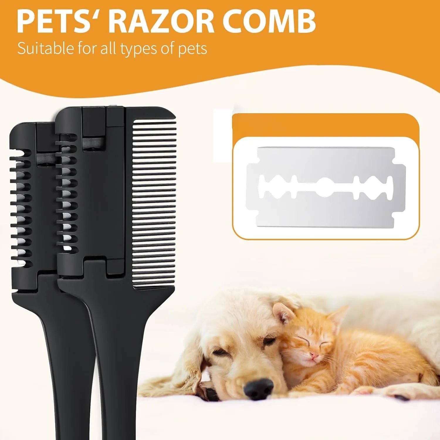 Razor comb for dogs and cats showing comb teeth and integrated trimming blade with packet of replacement blades.