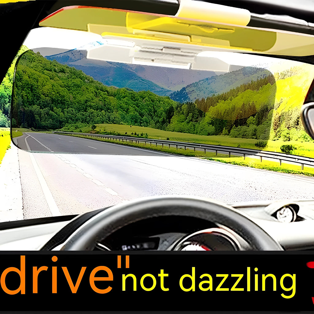 Car day and night sun goggles with reflective lenses on a sun visor, available in two sizes