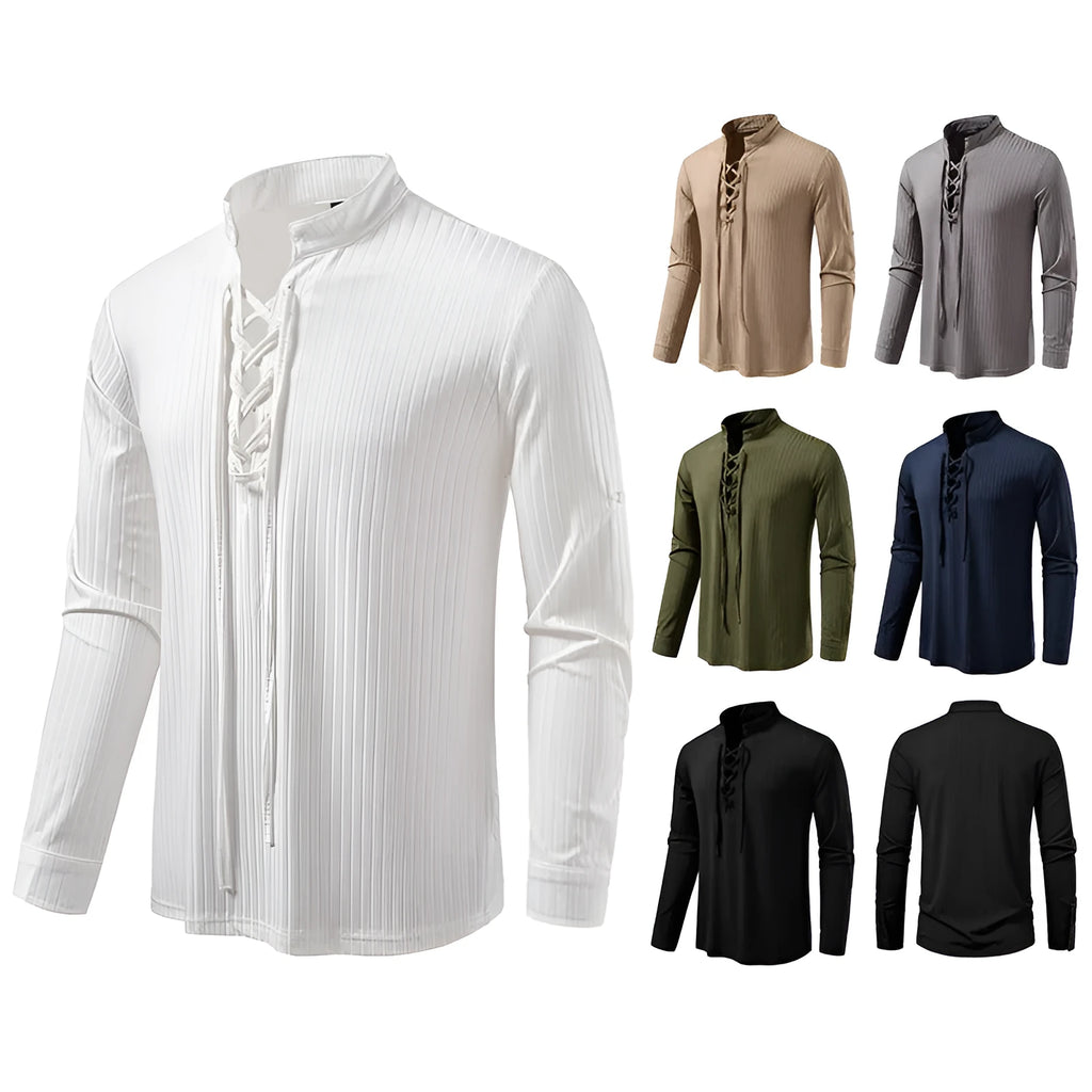 Men's casual long sleeve T-shirt with drawstring, slim fit, shown in six colours, sizes S to 2XL.