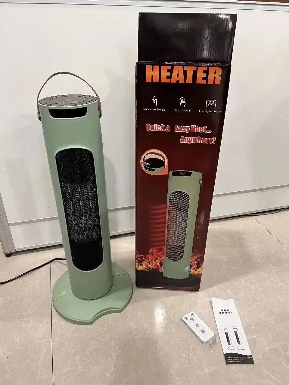 Vertical white PTC fan heater with remote control, 2000W, digital display on front panel