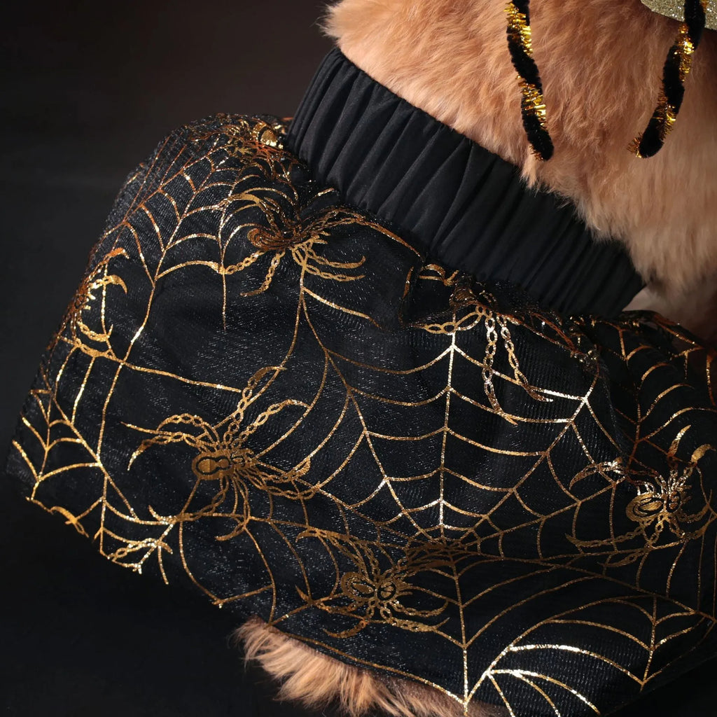 A dog wearing a polyester suit costume for Halloween, shown in sizes S, M, L, and XL.