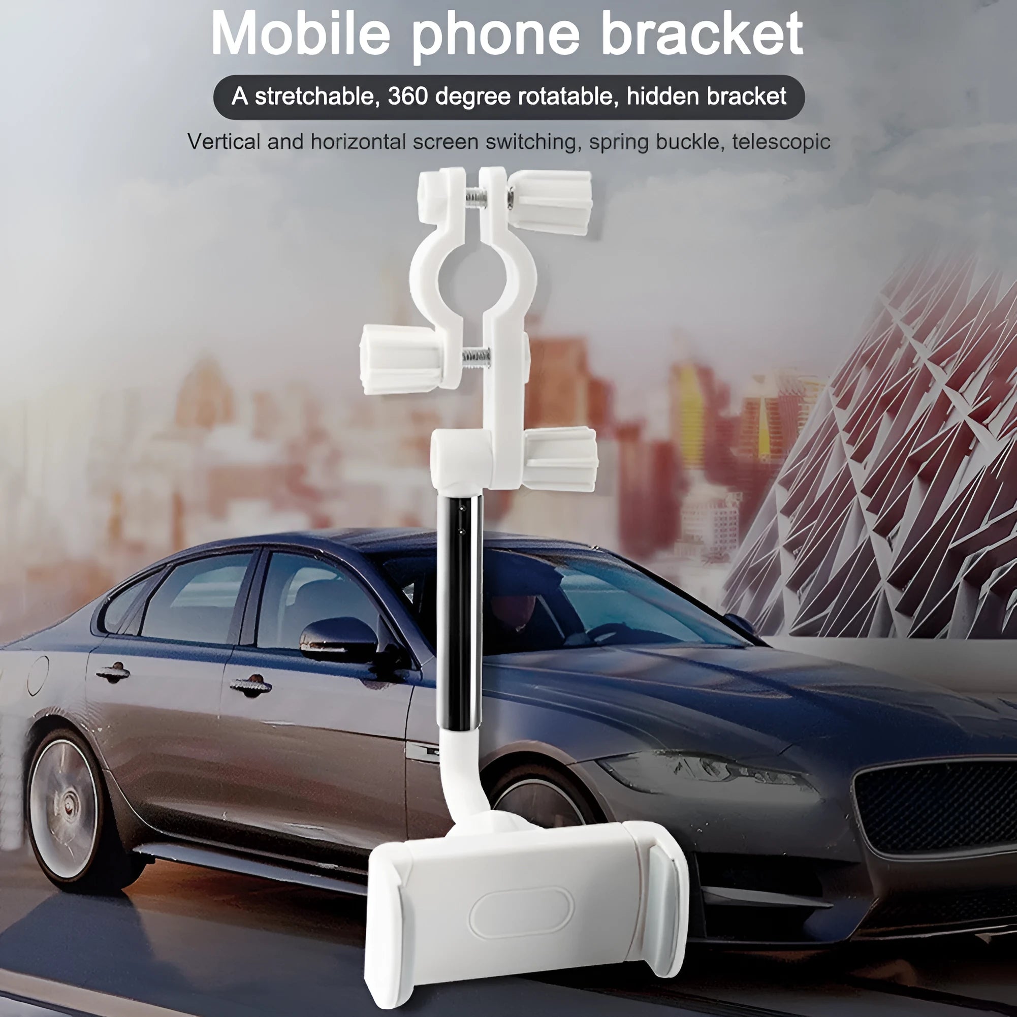 Car windscreen phone holder with 360-degree rotation mechanism and foam-lined smartphone cradle