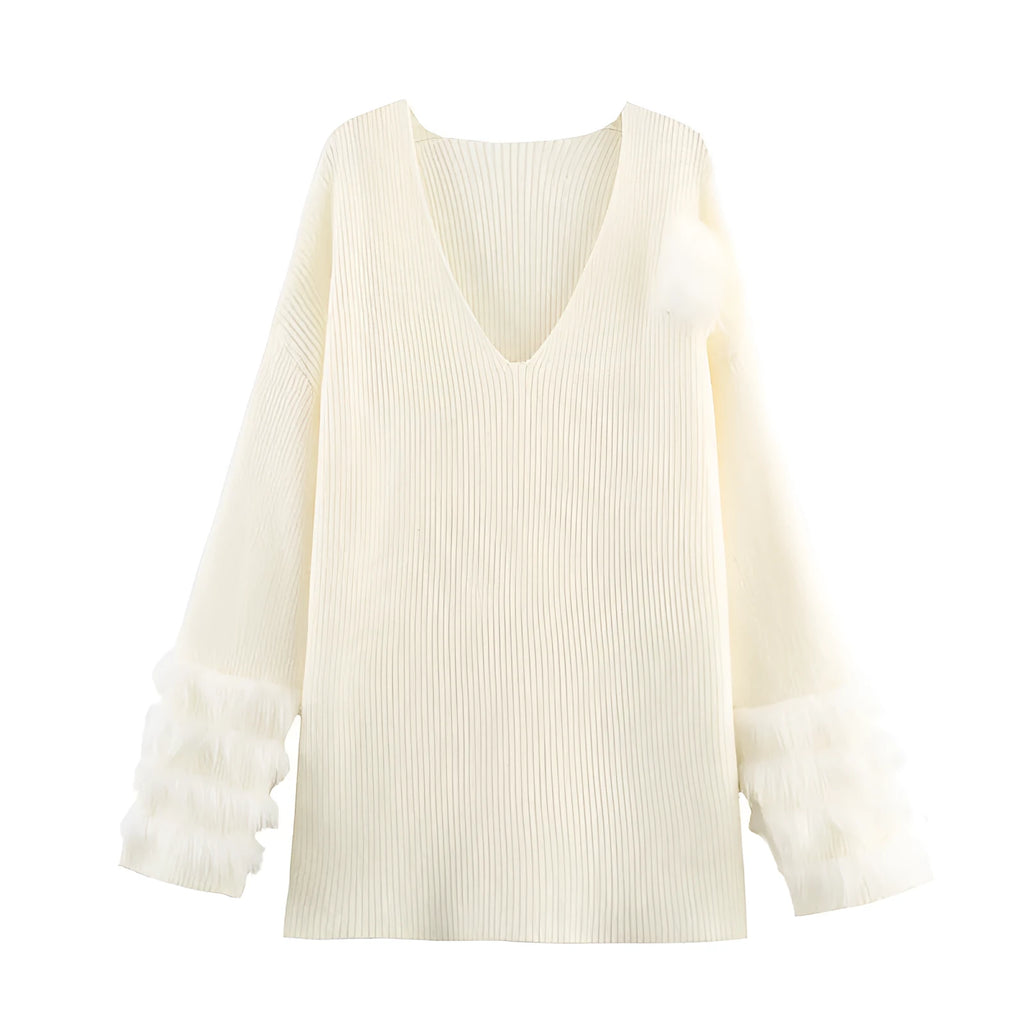 Casual V-neck cuff furry knitted dress for women in white – straight cut long sleeve style