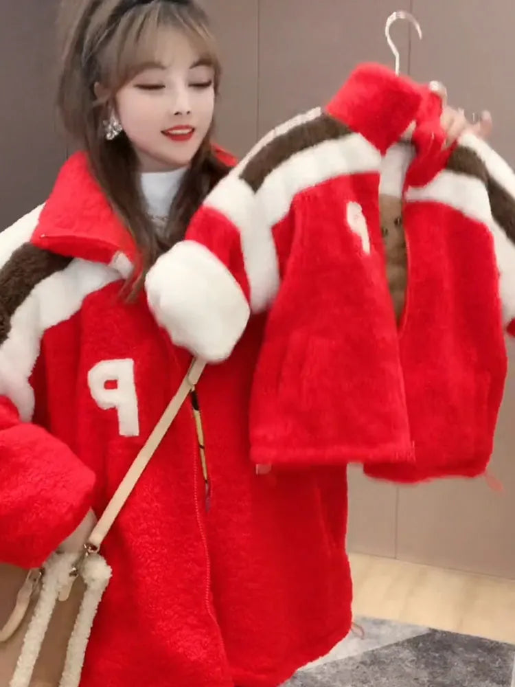 Parent-child matching wool thickened lamb coat in three winter colours for family of three