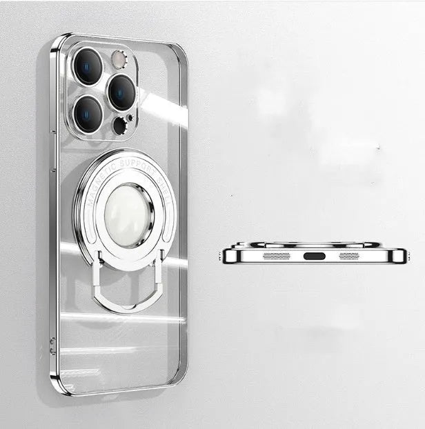 Transparent magnetic iPhone case with a silver pull-out bracket extended, showing dark purple iPhone inside.