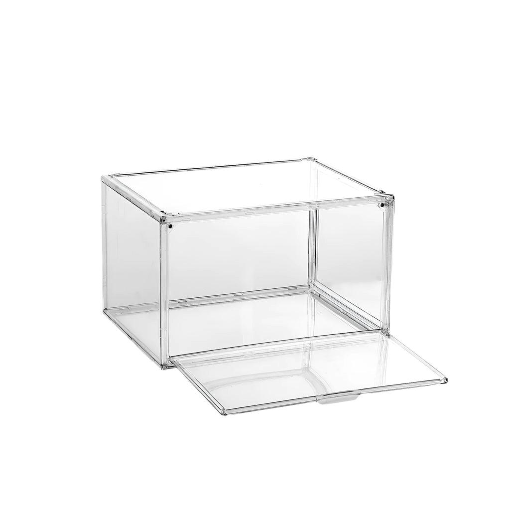 Large clear acrylic shoe storage box with a magnetic side door open, showing shoes inside.