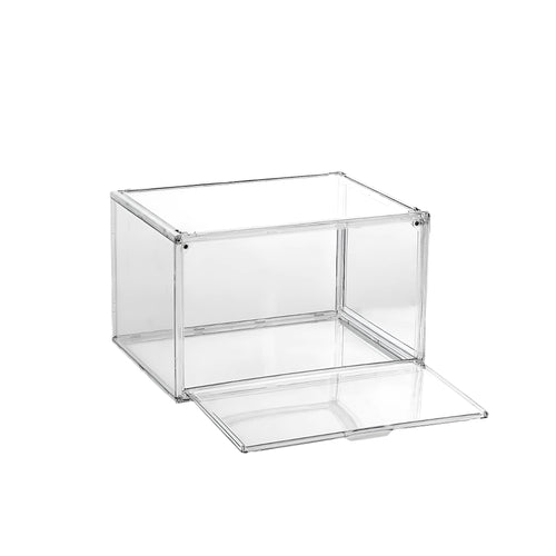 Large clear acrylic shoe storage box with a magnetic side door open, showing shoes inside.