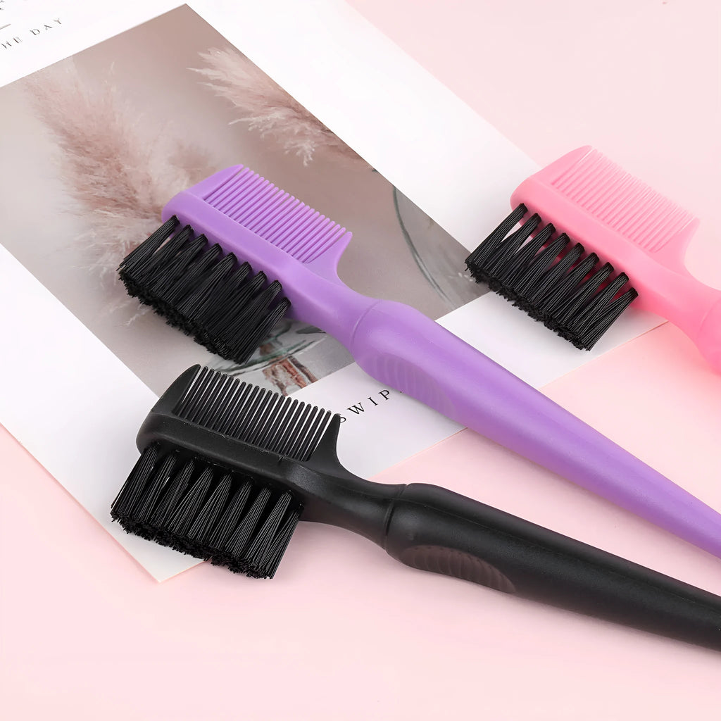 Double-headed steel needle eyebrow brush cleaner with plastic handle in black, pink, and purple colours over 20cm long