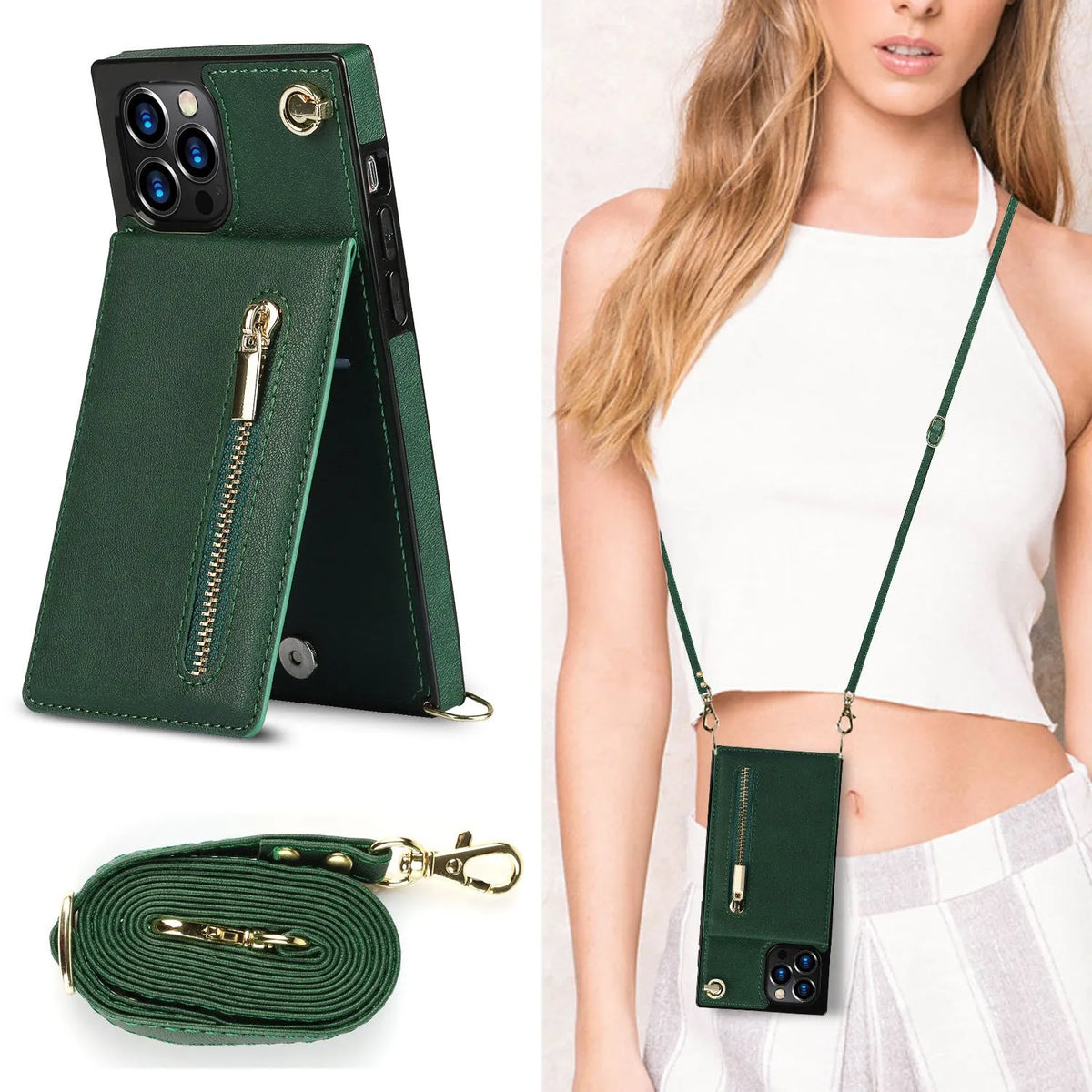 Black leather card case wallet phone case with TPU frame for iPhone, front view showing card slot