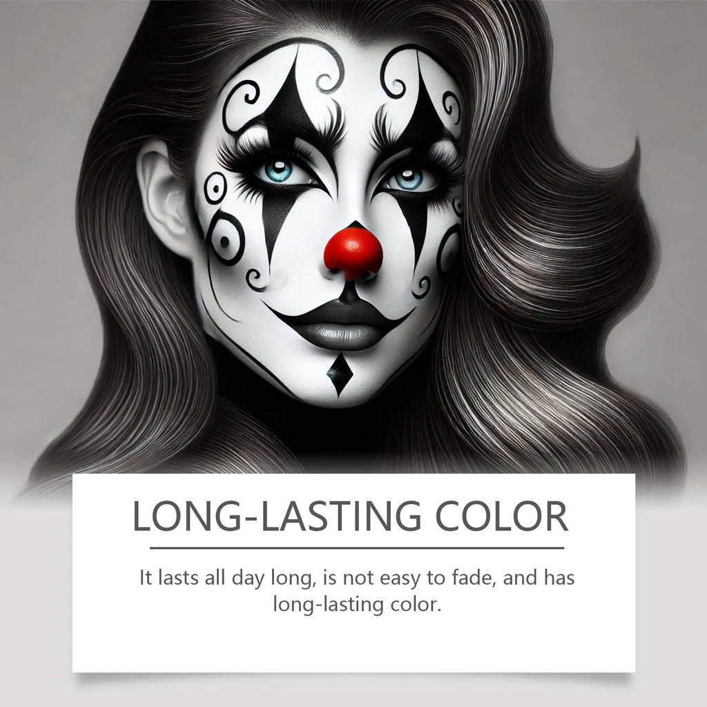 Halloween palette suit with red black white cream foundation palettes, three brushes, and a sponge on a dark background