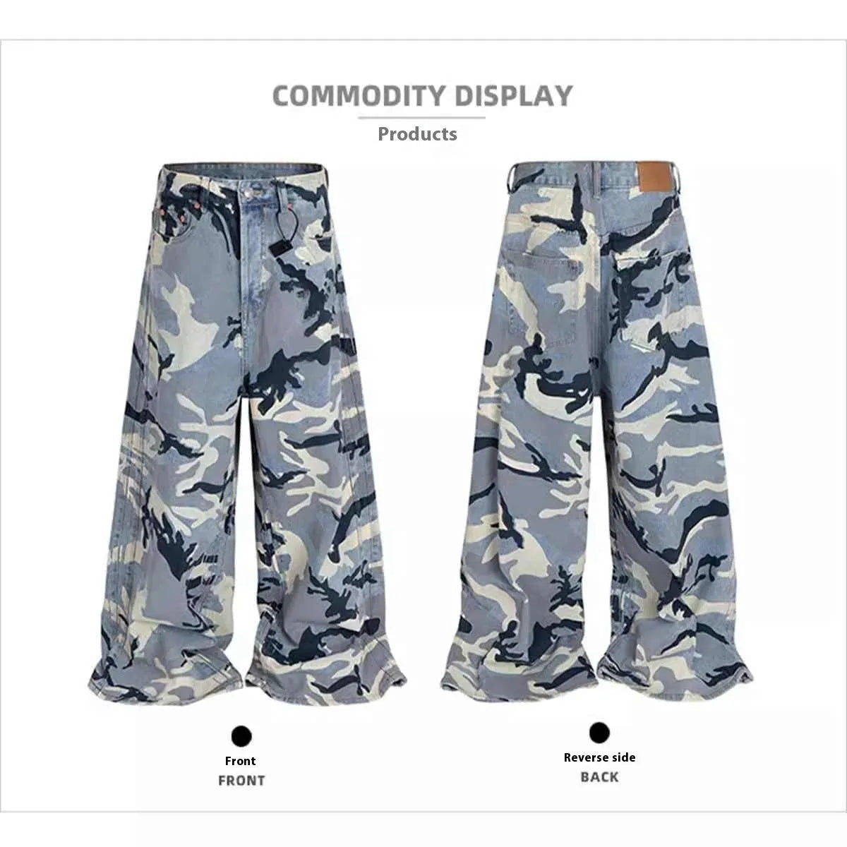 Snow camouflage blue jeans showing mid-waist design and loose fit trousers