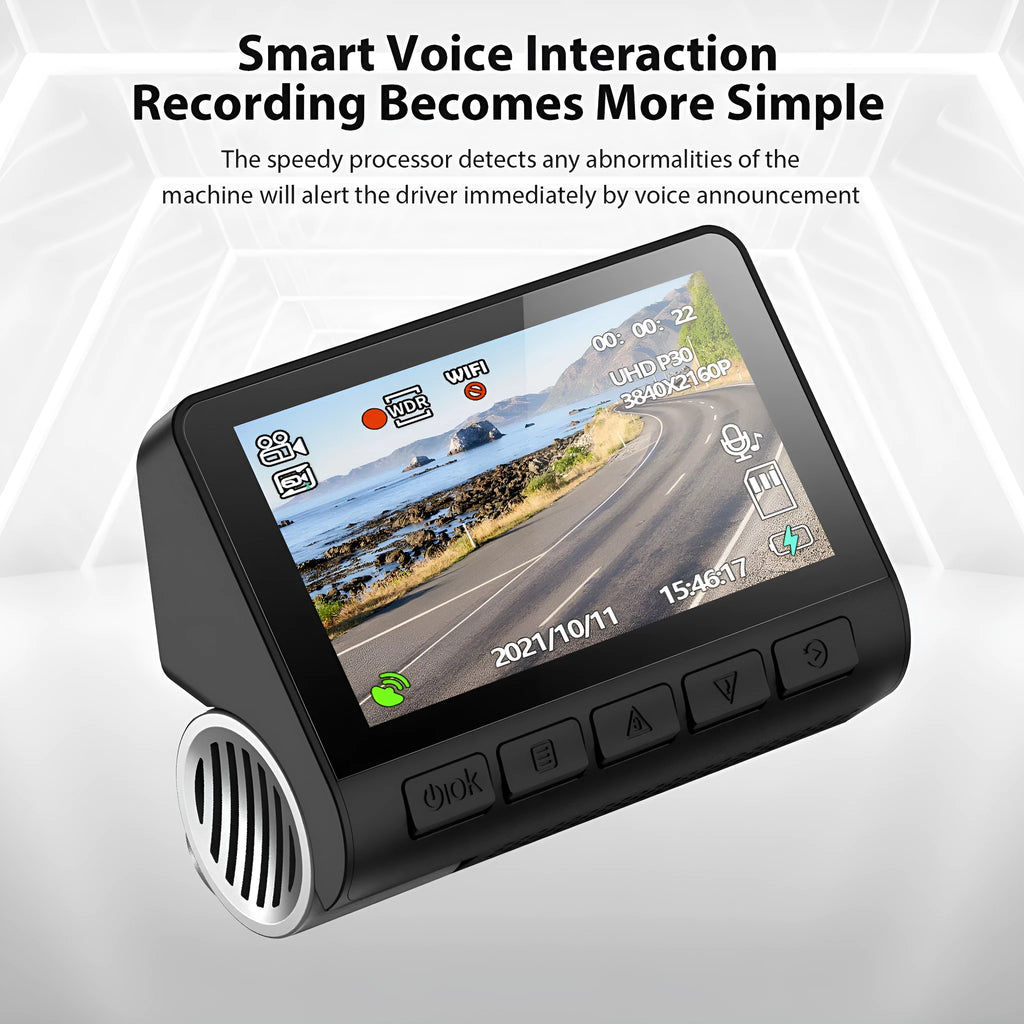 V55 4K UHD night vision car camera dash cam with double lens and front windshield mount in black