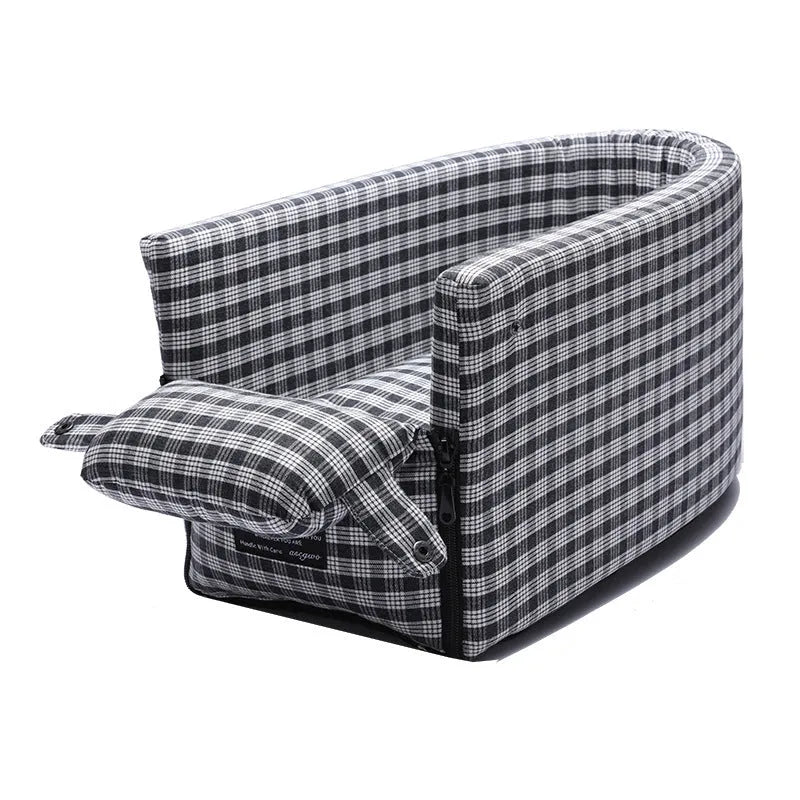 Portable nonslip pet car seat in mocha fabric on car central armrest for small dogs and cats