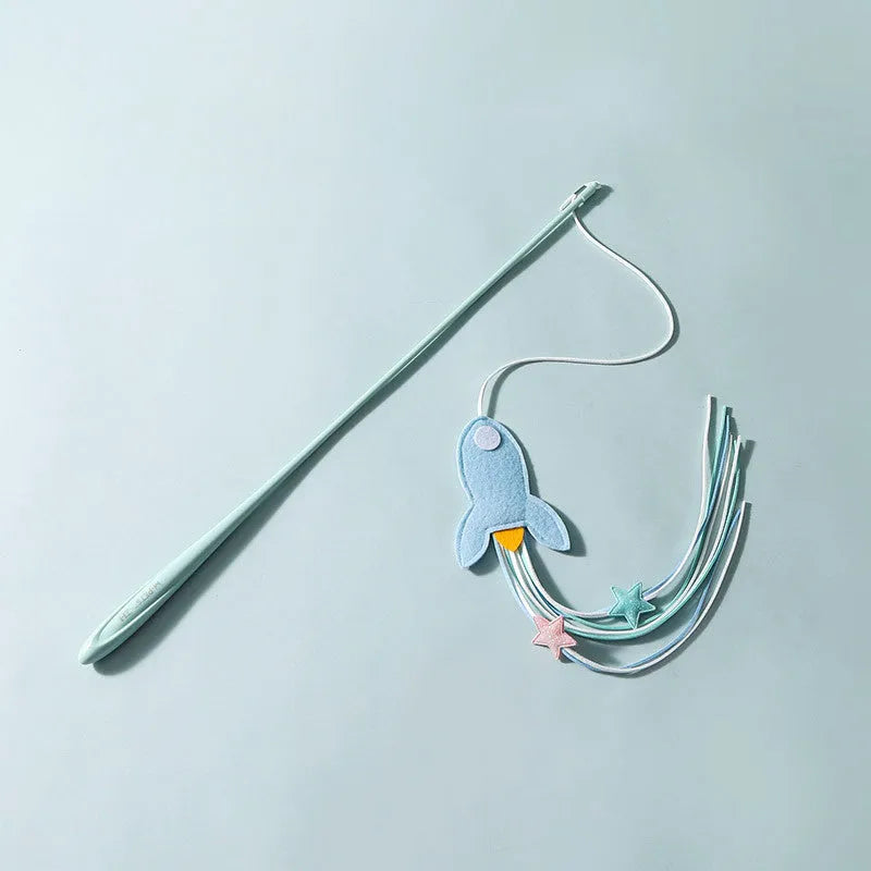 Blue long pole cat teaser toy with feather attachments and an inflated ego design element.