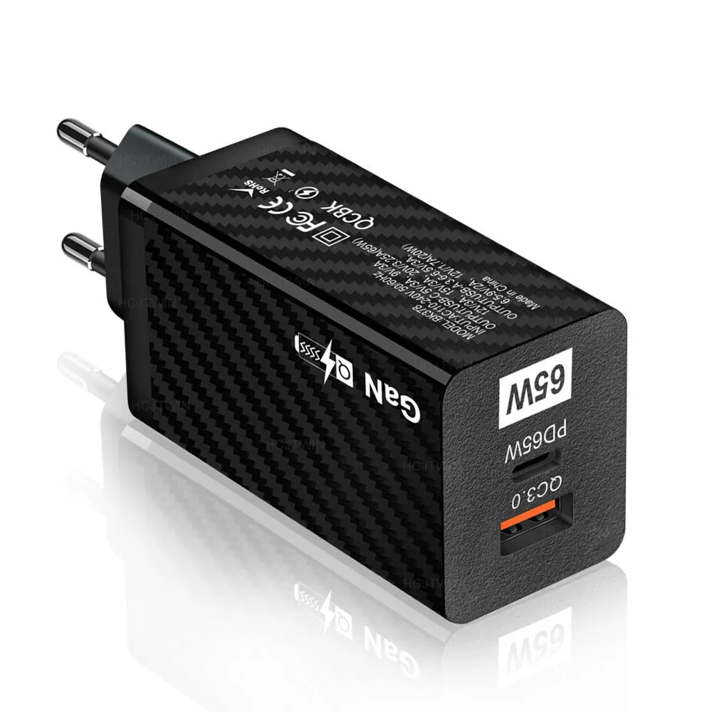 65W GaN universal laptop charger in white or black with compact dimensions and USB-C PD port