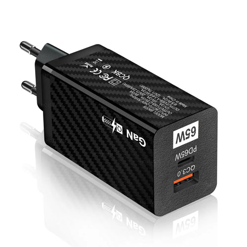 65W GaN universal laptop charger in white or black with compact dimensions and USB-C PD port