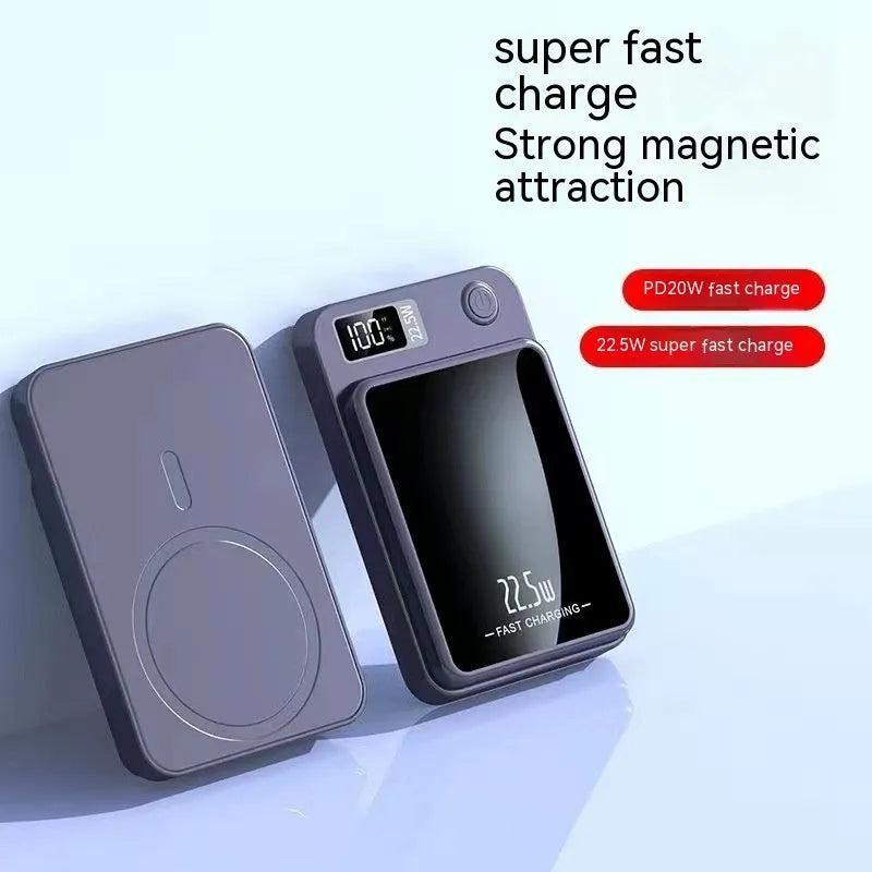 Wireless Magsafe power bank in black, white, purple, or green, showing compact industrial design.