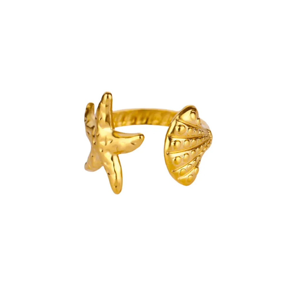 Gold plated stainless steel open ring with starfish and shell design for women's vacation jewellery