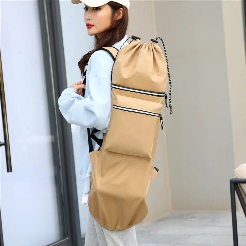 Lightweight waterproof nylon skateboard backpack in camouflage colour with large capacity.