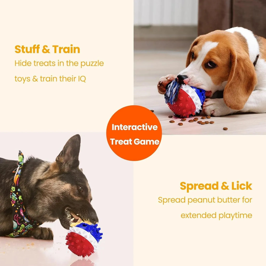 Blue and red TPR rubber dog ball with rope and treat hole for aggressive chewers