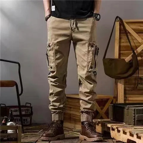Men's straight leg American workwear trousers in solid colour, cotton blend fabric, with drawstring fly, summer casual style