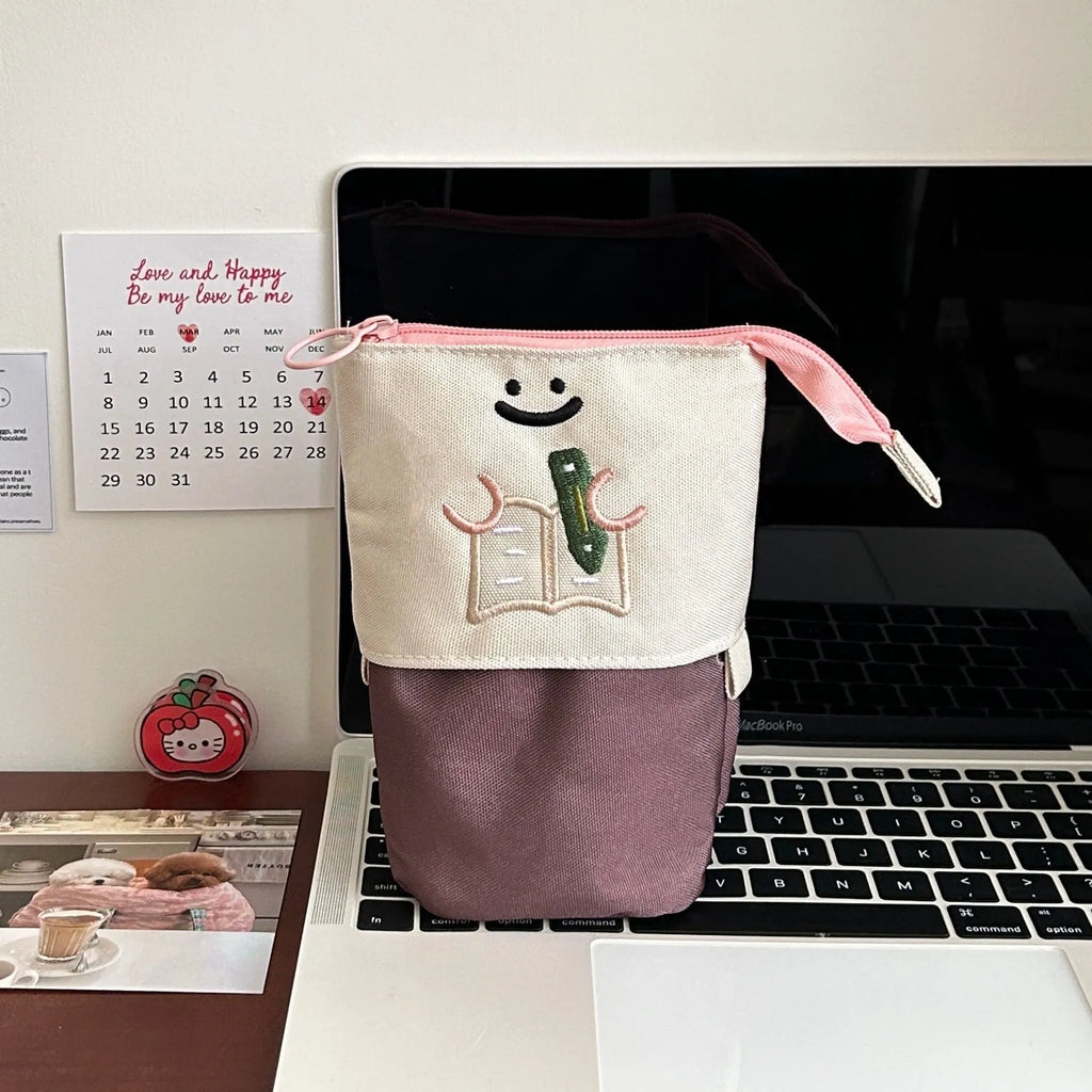 Korean-style collapsible pencil case in Oxford fabric measuring 17x14cm in brown colour