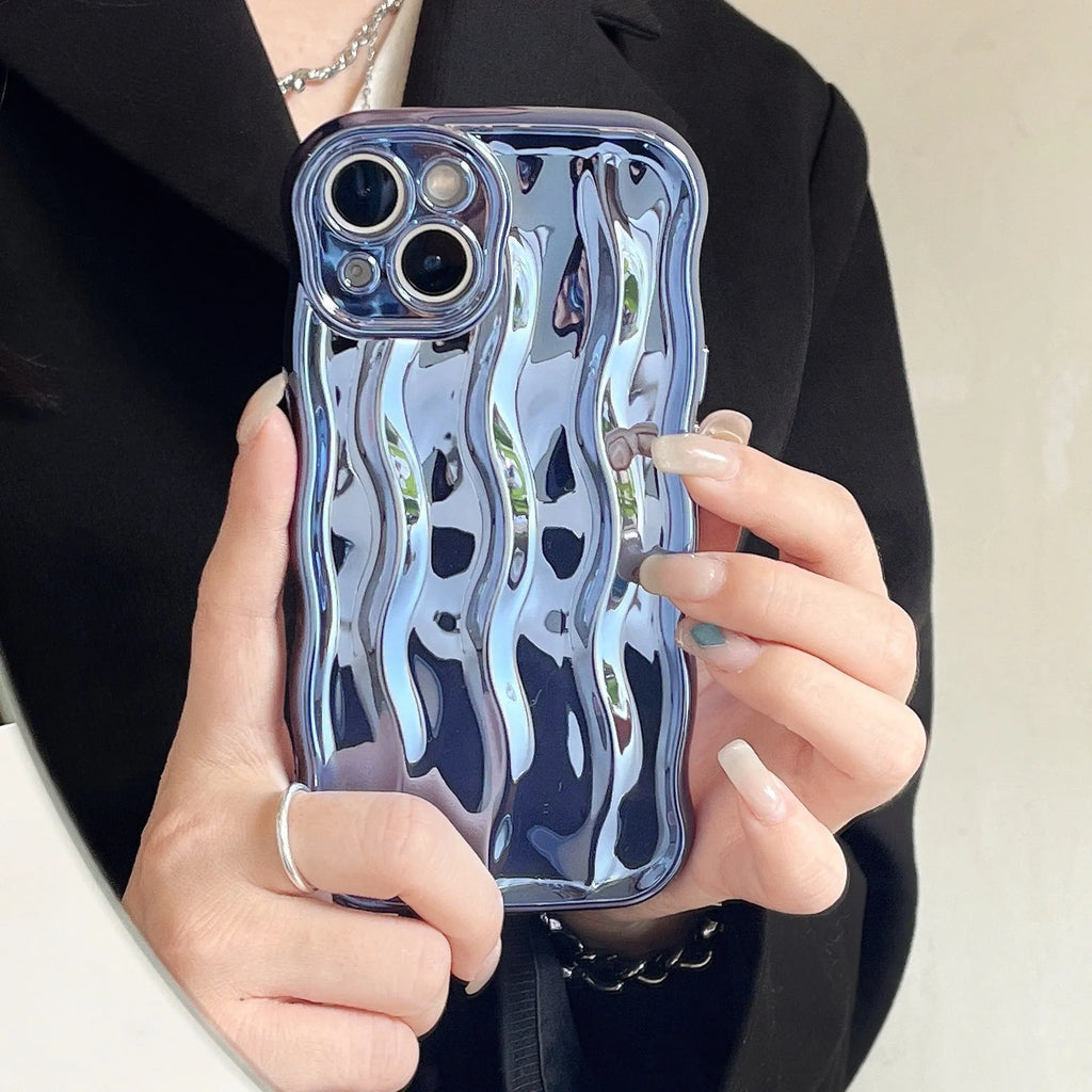 Electroplated water ripple iPhone case in silver with anti-fall TPU construction for iPhone 11-14 models.