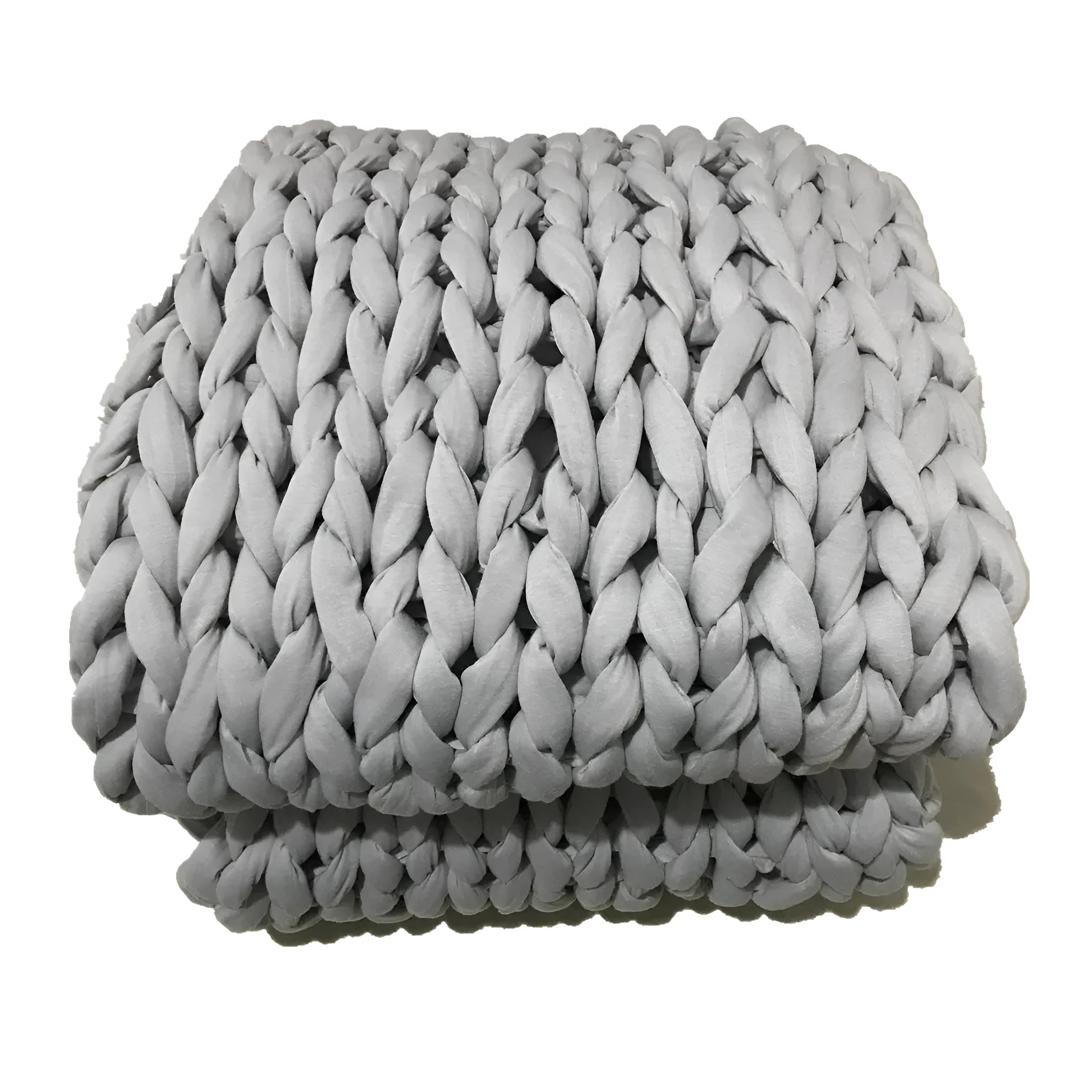 Hand-woven chenille polyester weighted blanket in beige solid colour, 200x200cm size on a bed.