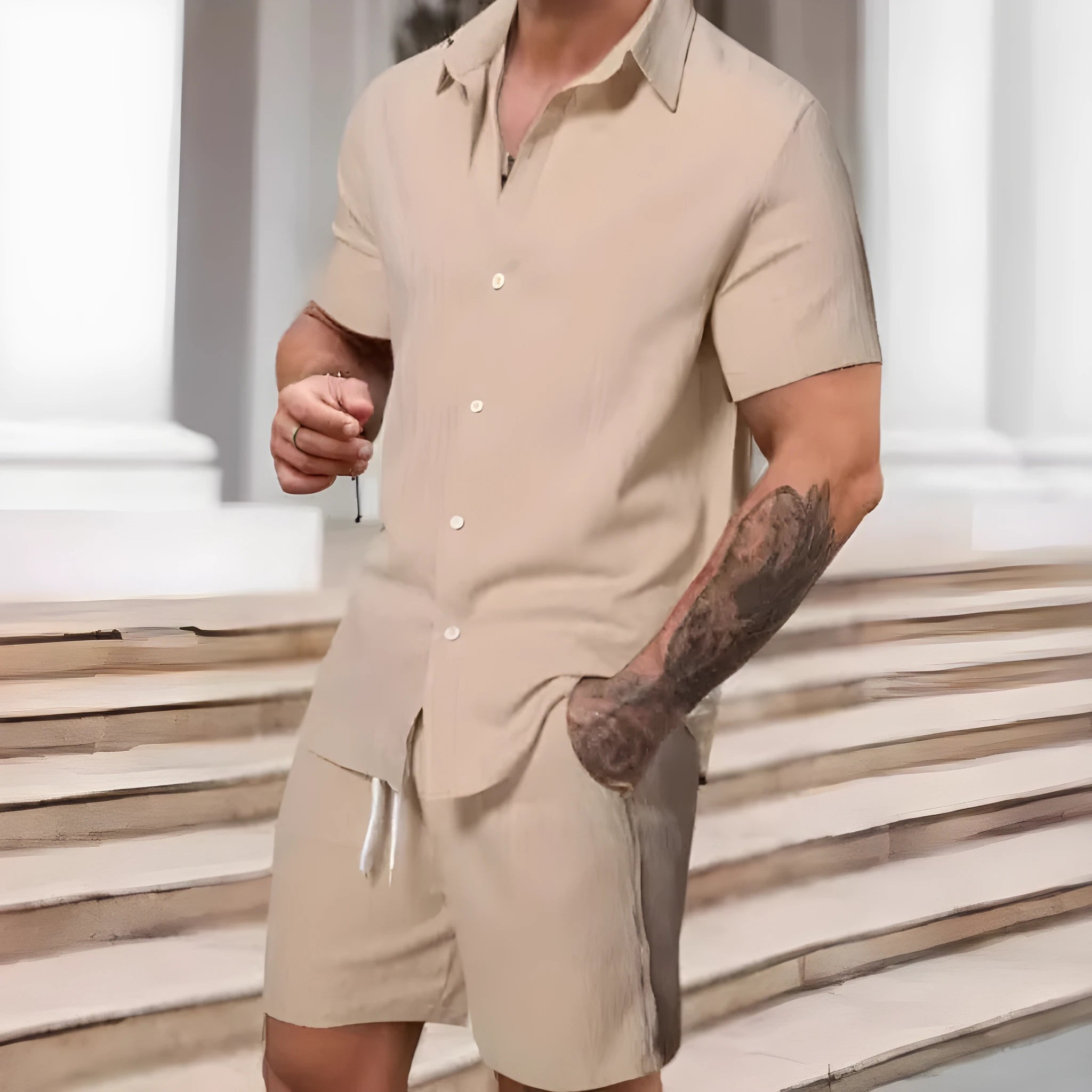 Men's polyester casual suit set with short sleeve shirt and matching shorts in street style