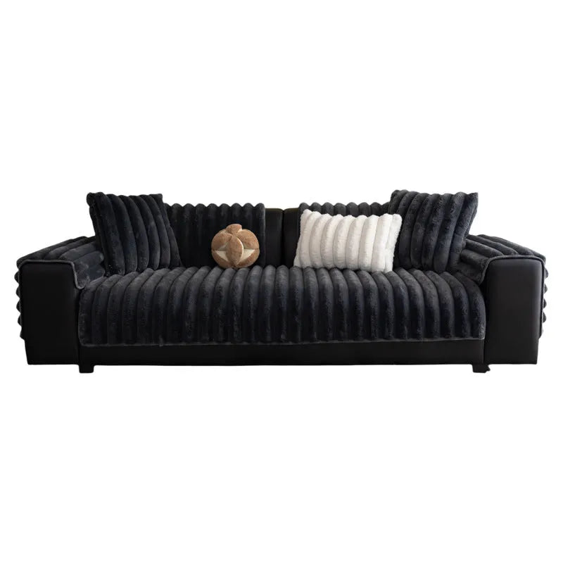 Striped rabbit plush thickening sofa cushion in dark gray on a sofa with antislip flannel surface
