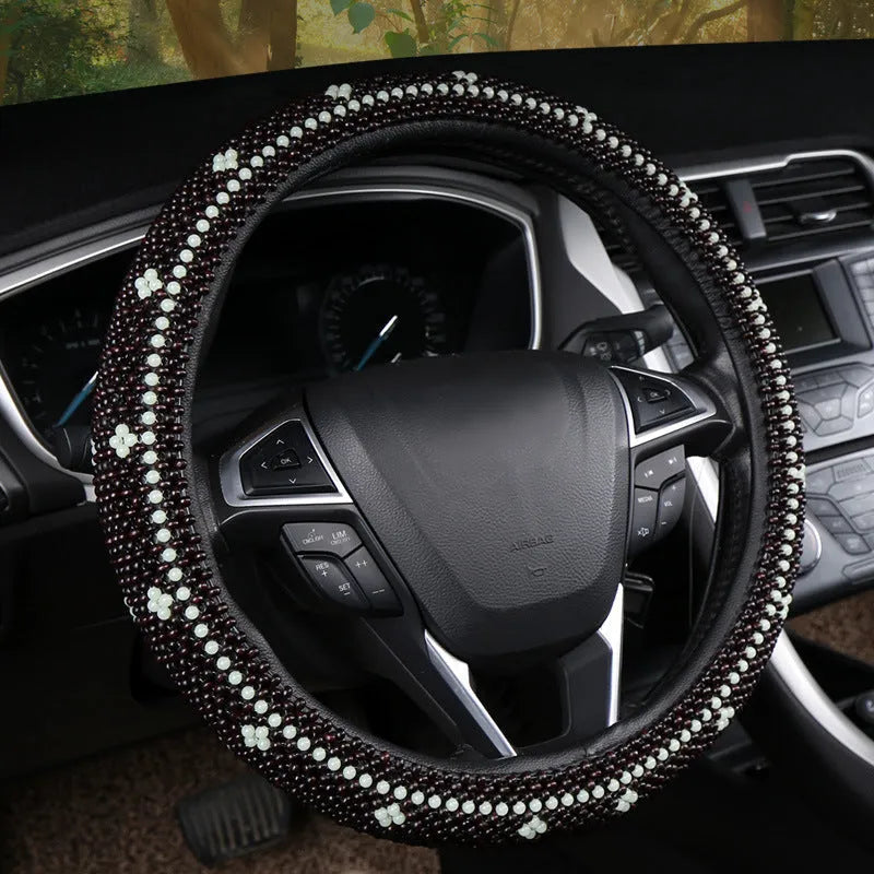 Small card light wooden bead steering wheel cover in Black for 38cm wheels summer style