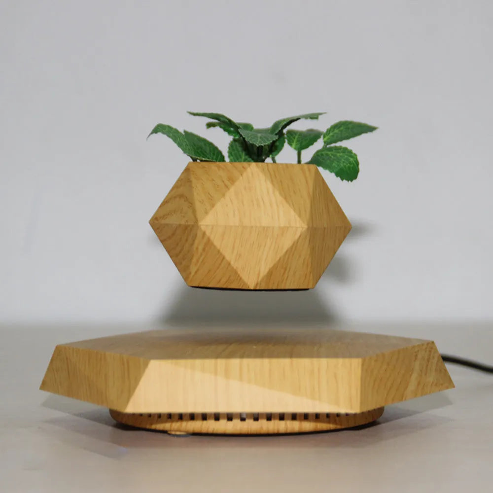 Hexagonal wood grain plant pot floating above circular base with magnetic levitation